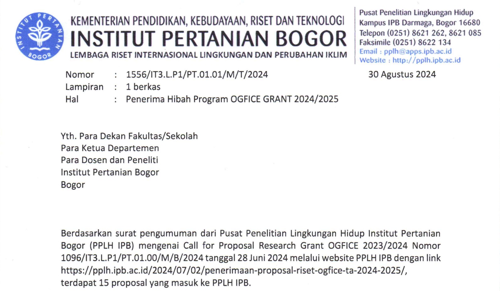 Pengumuman Penerima Hibah Penelitian OGFICE 2024/2025